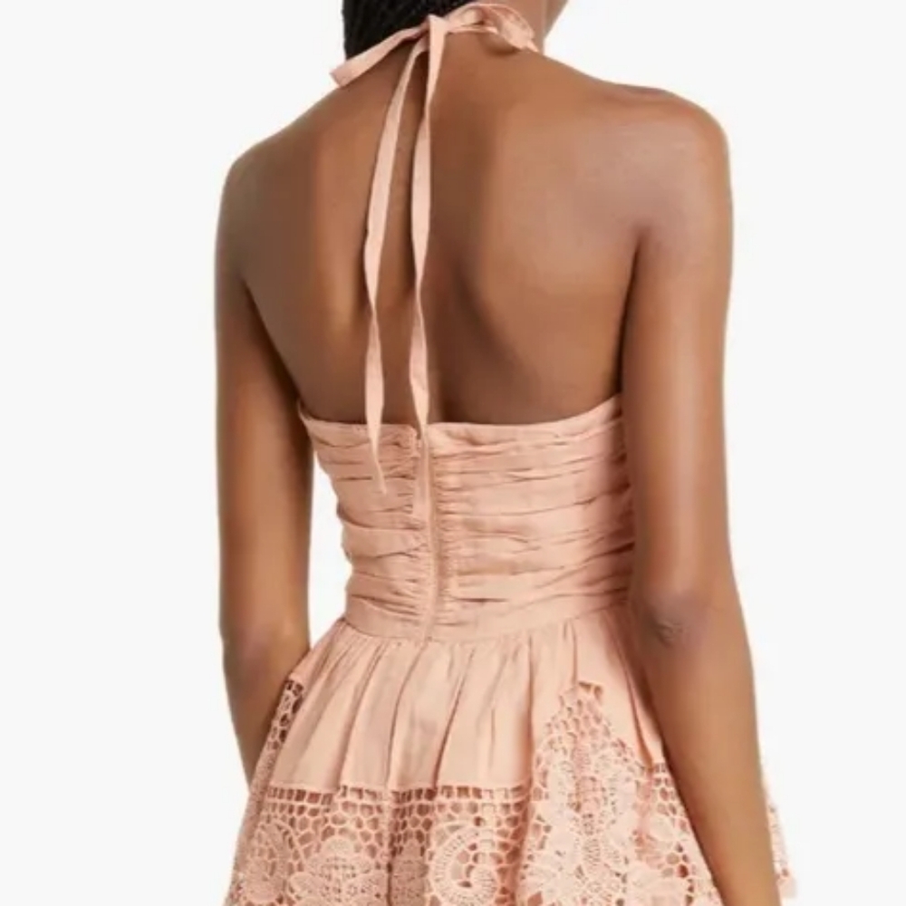 Ulla Johnson Savannah Halter Mini Dress Peach Lace Tiered Boho Romantic - Picture 3 of 12